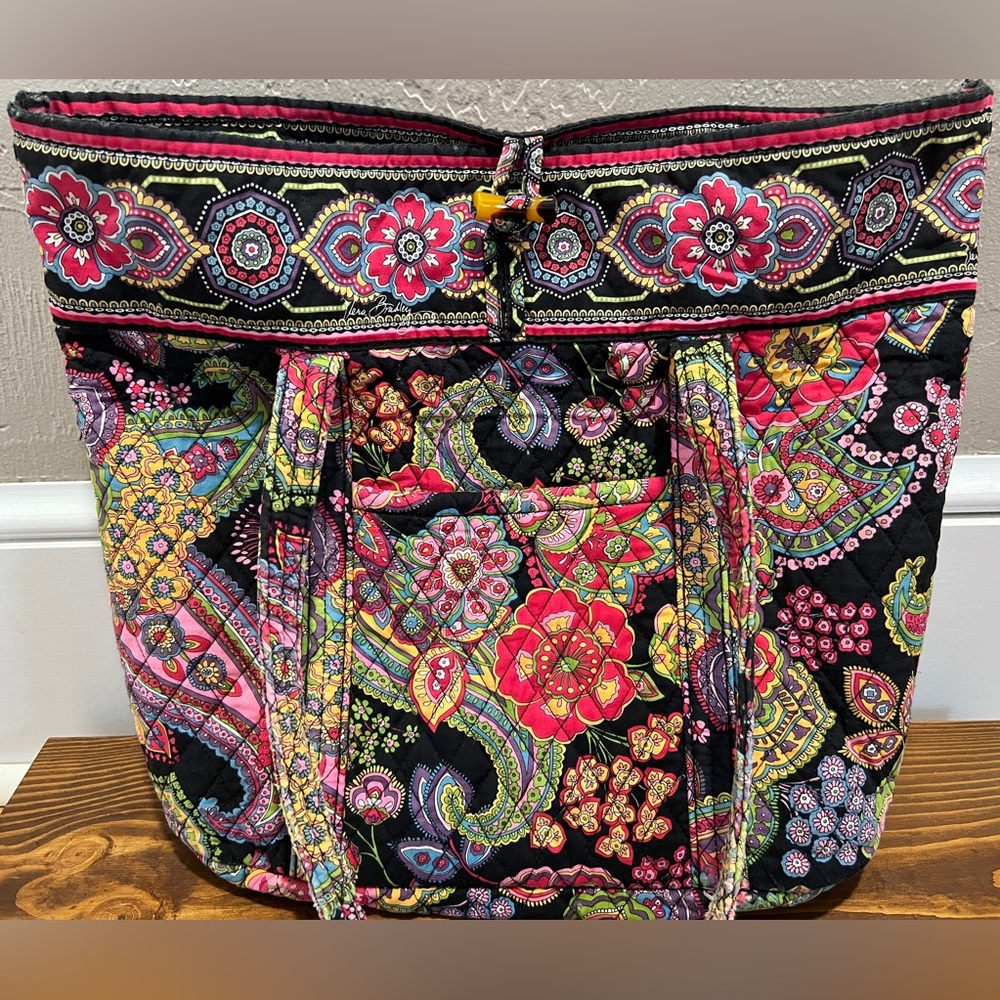 Vera Bradley Kiss Me Twice Paisley Quilted Cotton Tote Bag Black Floral